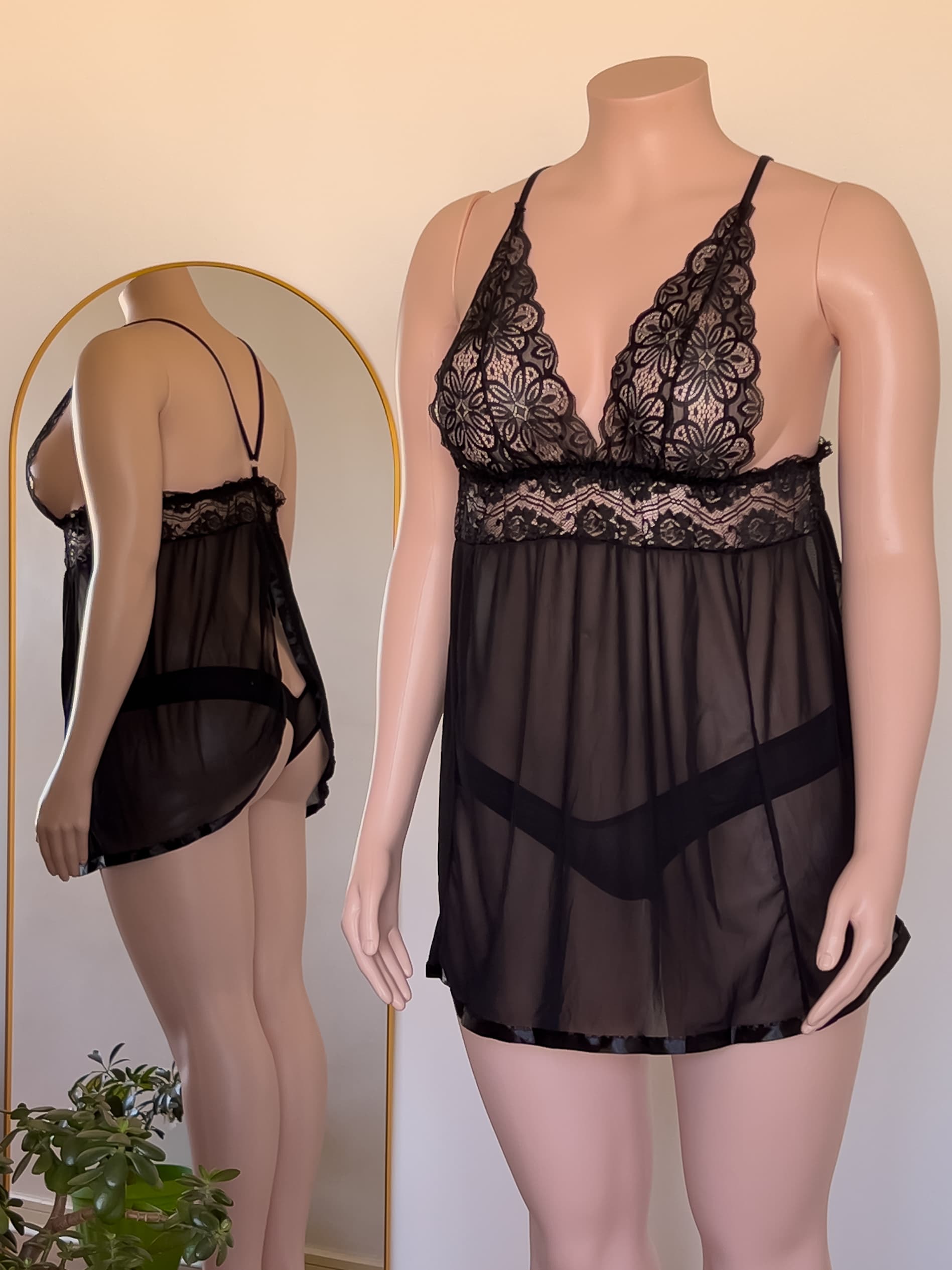 Babydoll Julieta negro de encaje, lencería premium ALEHVIDA Chile