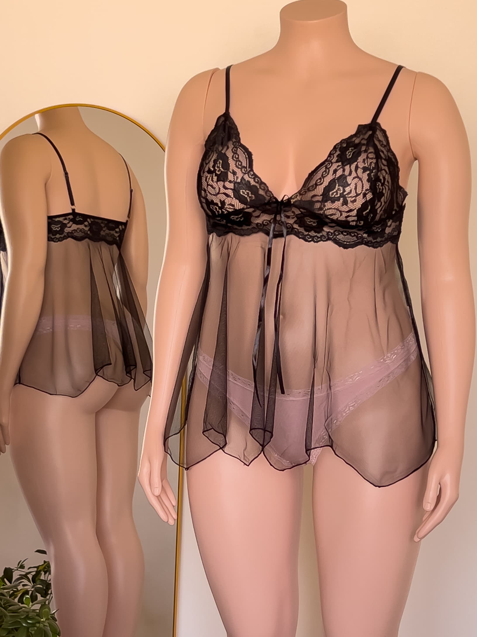 Babydoll Luz negro de encaje, lencería premium ALEHVIDA Chile"